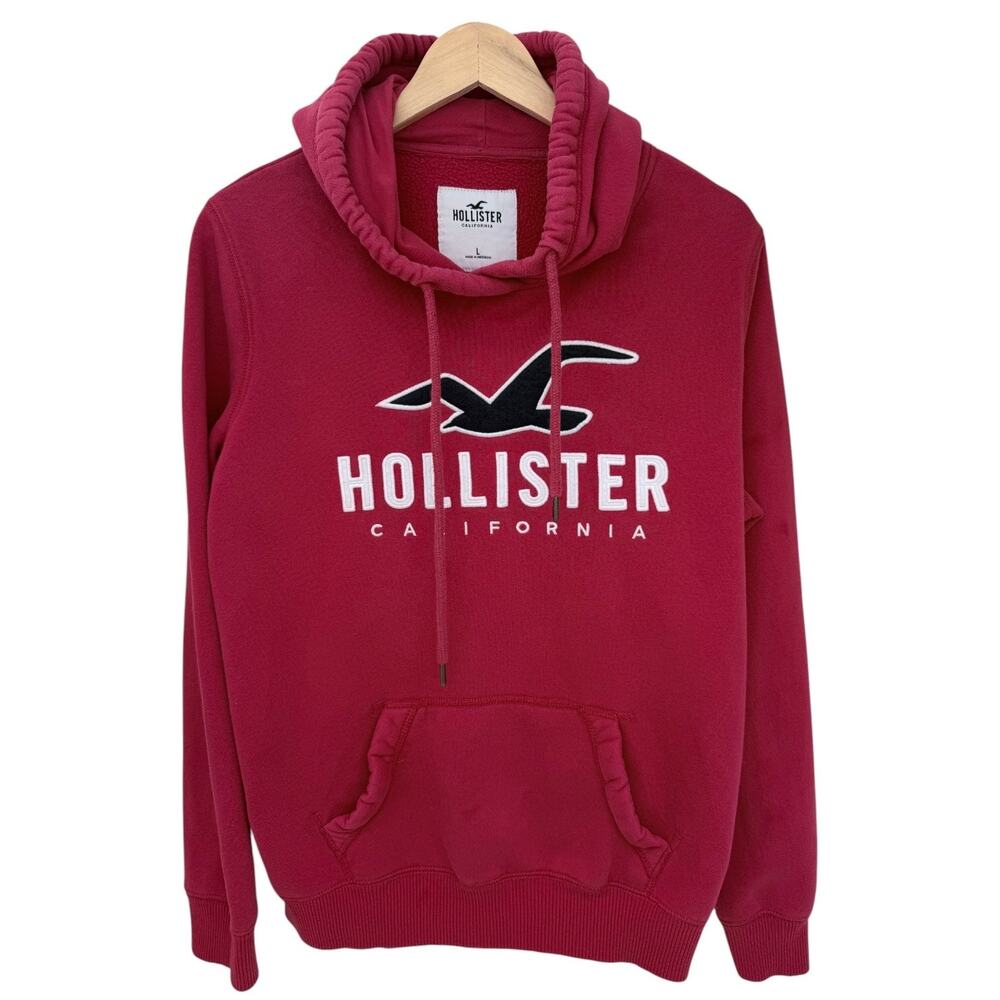 Hollister Hoodie Mens Large Red Embroidered Logo Pullover Sweatshirt